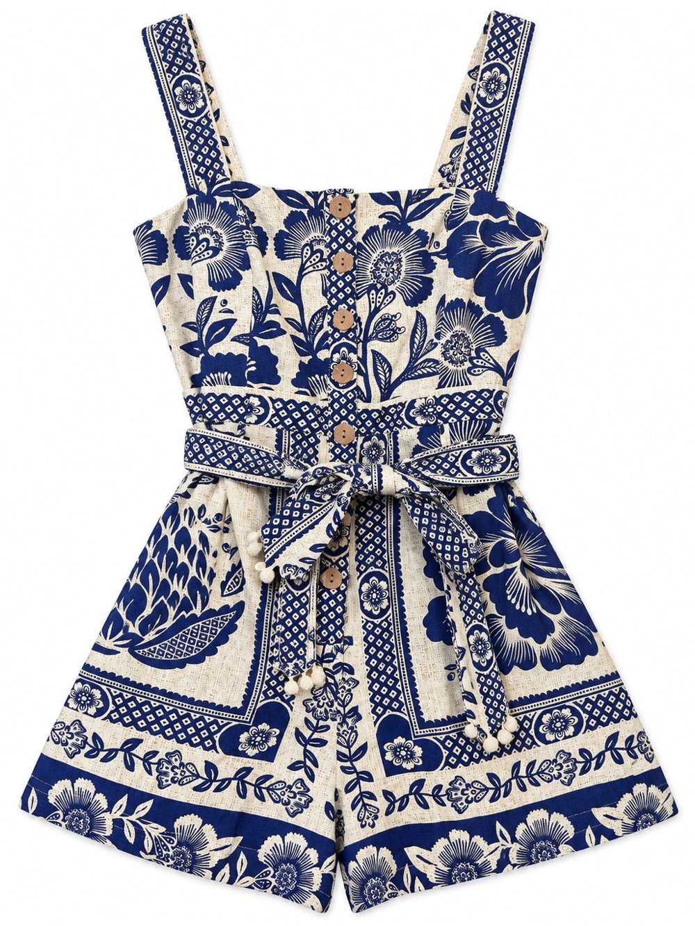 FARM Rio Navy and Cream Floral Belted Romper, size XS